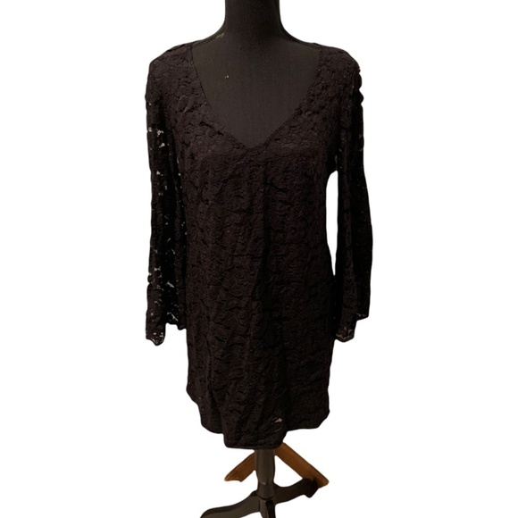 Trina Trina Turk Lace Overlay Dress with Bell Sleeves Dress Medium Black - Picture 1 of 7